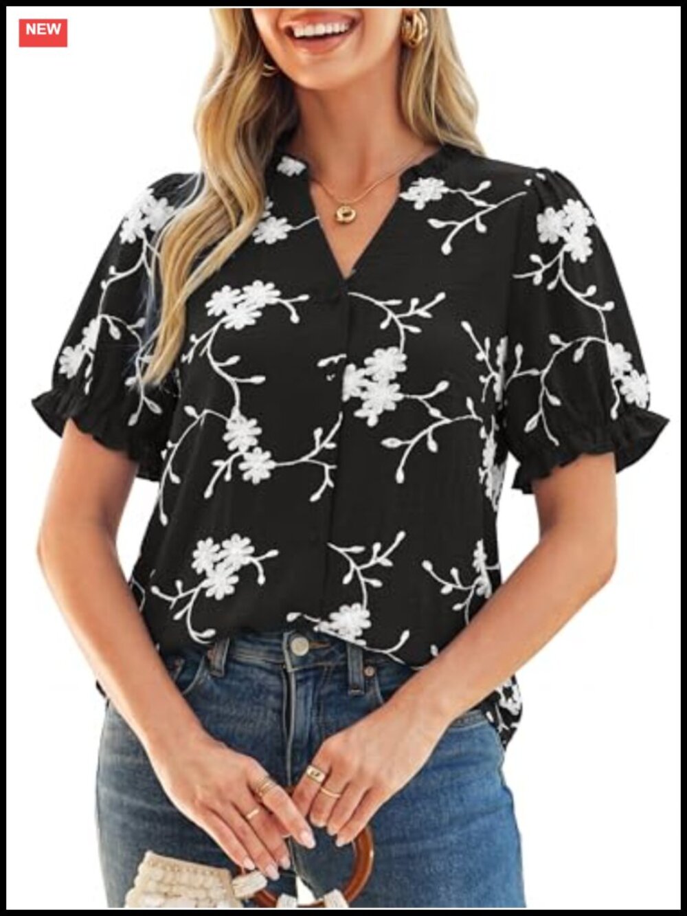 Women's Embroidered Puff Sleeve Button Down Blouse V-Neck